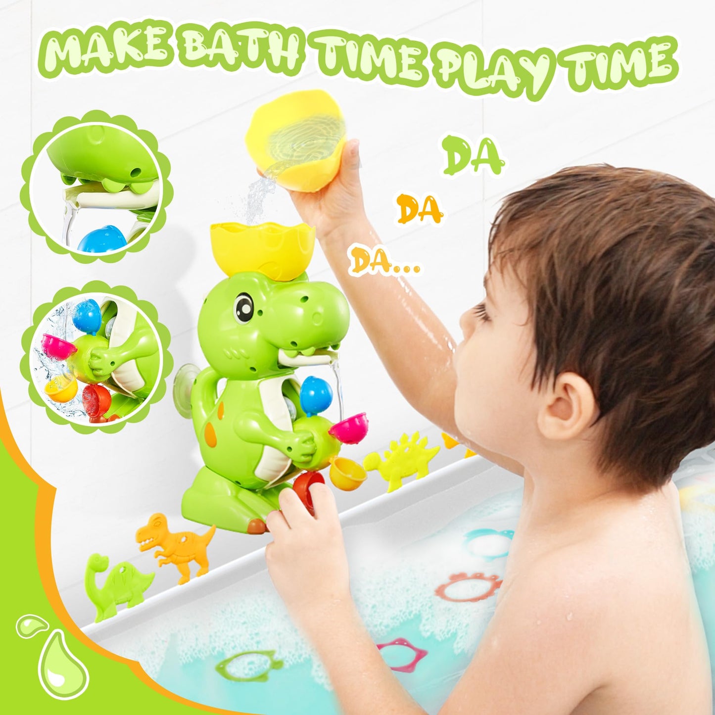 EKUEASYKU Dinosaur Bath Toys for Kids Ages 1-3 2-4 4-8 Toddler Bath Toys Whirling Waterfall Water Toys Fishing Games Bathtub Bat