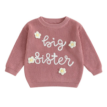 Amnnchya Toddler Infant Baby Girl Knit Sweater Big Sister Little Sister Matching Outfits Long Sleeve Pullover Sweatshirt (Pink 3