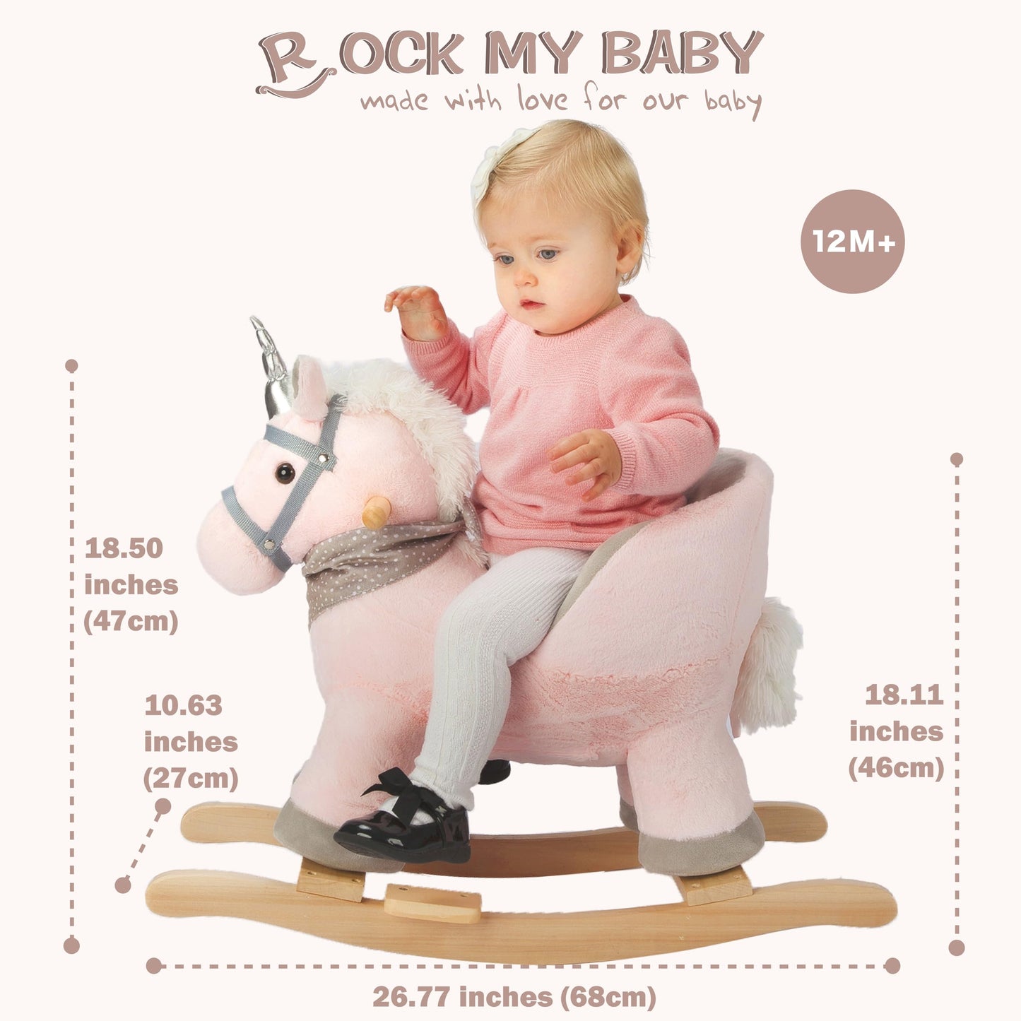 Rock My Baby Rocking Horse with Chair, Pink Unicorn Pony Rocker with Realistic Unicorn Music. Rocking Animal. Wooden Rocking Hor