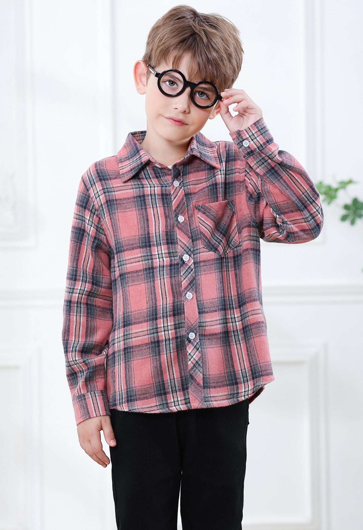 Sangtree Boys Long Sleeves Flannel Plaid Button Down Shirt Tops Pink Plaid, 12-18 Months = Tag 80