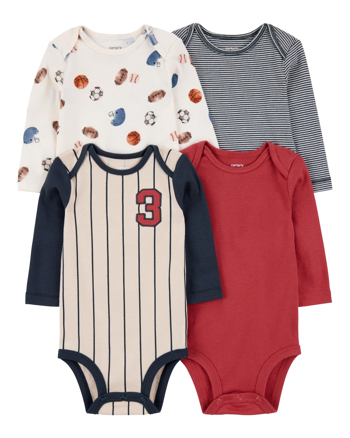 CarterS Baby 4Pack Long Sleeve Sports Jersey Bodysuits  Soft Cotton, Overlap Shoulders, Snug Fit, Everyday OnePiece Essentia