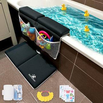Baby Bath Kneeler and Elbow Rest Pad Set with Toy Storage, Silicone Cap, Non-Slip Stickers and Baby Nail Care Kit - Comfortable 