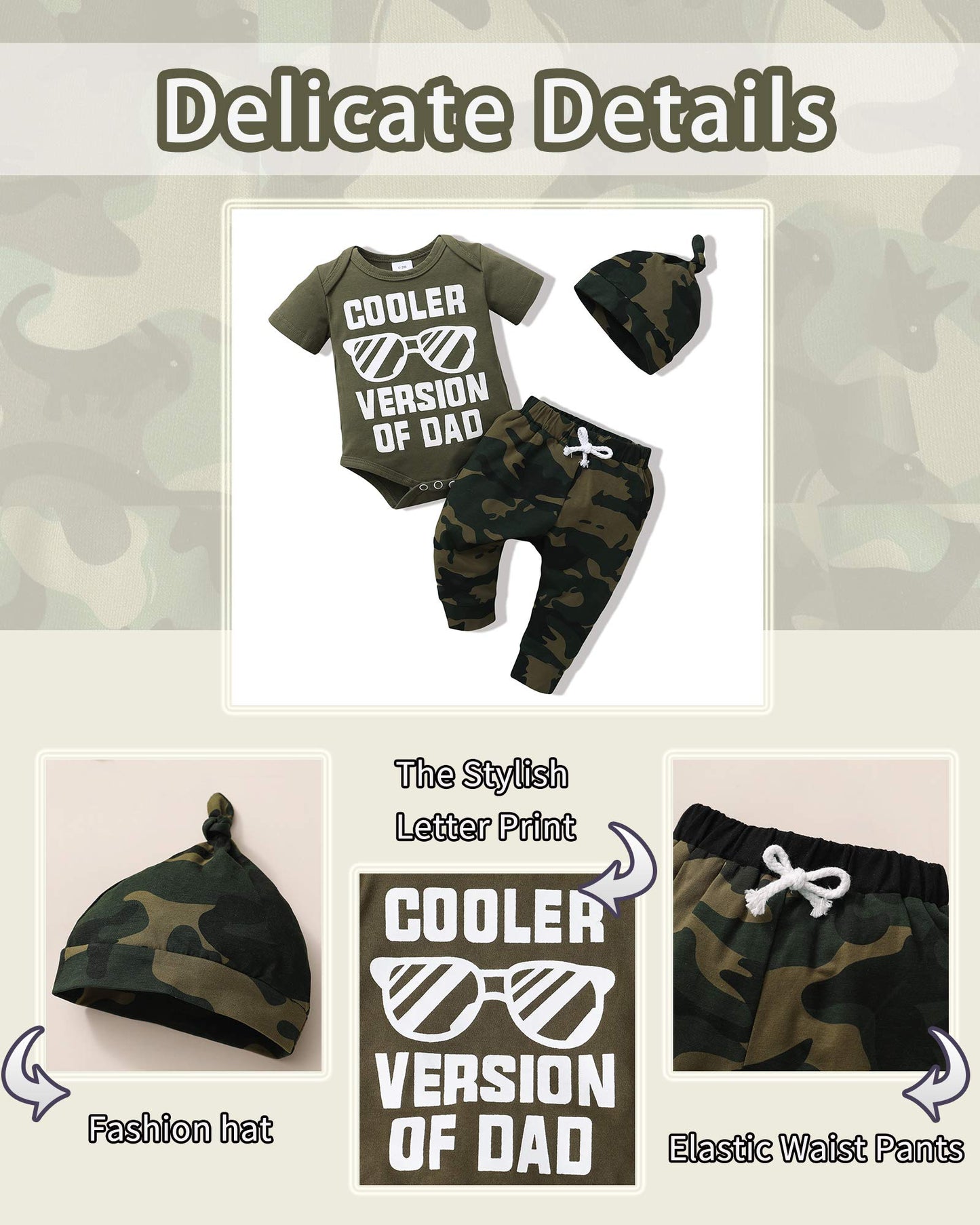 Nzrvaws Baby Boy Clothes Newborn Boy Outfit 3-6 Months Romper Short Sleeve Cooler Version Of Dad Top Camouflage Long Pants Hat 3