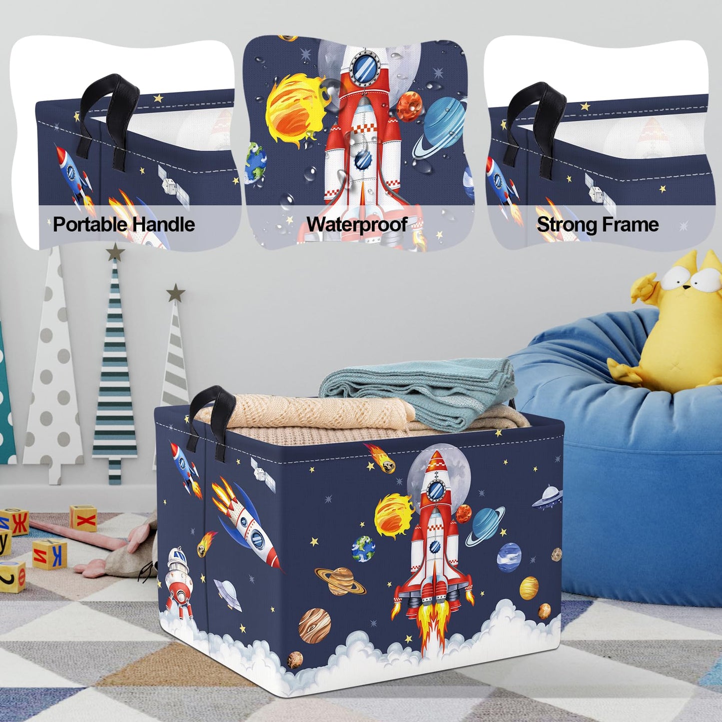 Clastyle Space Rocket Launch Storage Basket Boy Pool Beach Towel Bin Blue Planets Toy Book Shelf Basket Meteorit Rectangle Gift