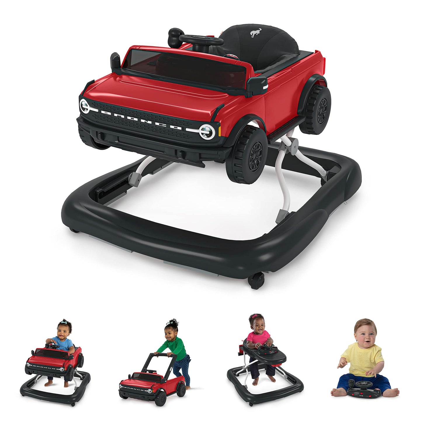Bright Starts Ford Bronco 4-In-1 Red Baby Activity Center & Push Walker With Removable Interactive Steering Wheel -Toy, 6 Months