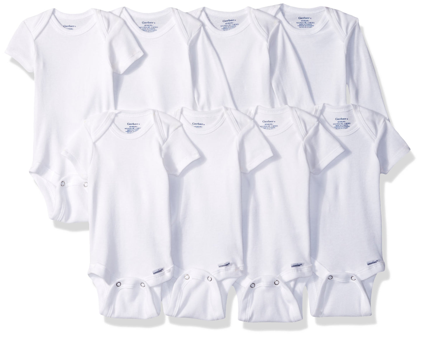 Gerber Baby 8-Pack Onesies Bodysuits, White Long Sleeve Short Sleeve, 0-3 Months