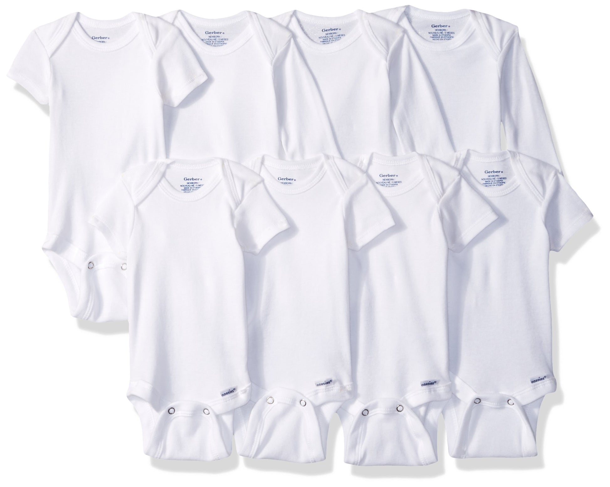 Gerber Baby 8-Pack Onesies Bodysuits, White Long Sleeve Short Sleeve, 0-3 Months