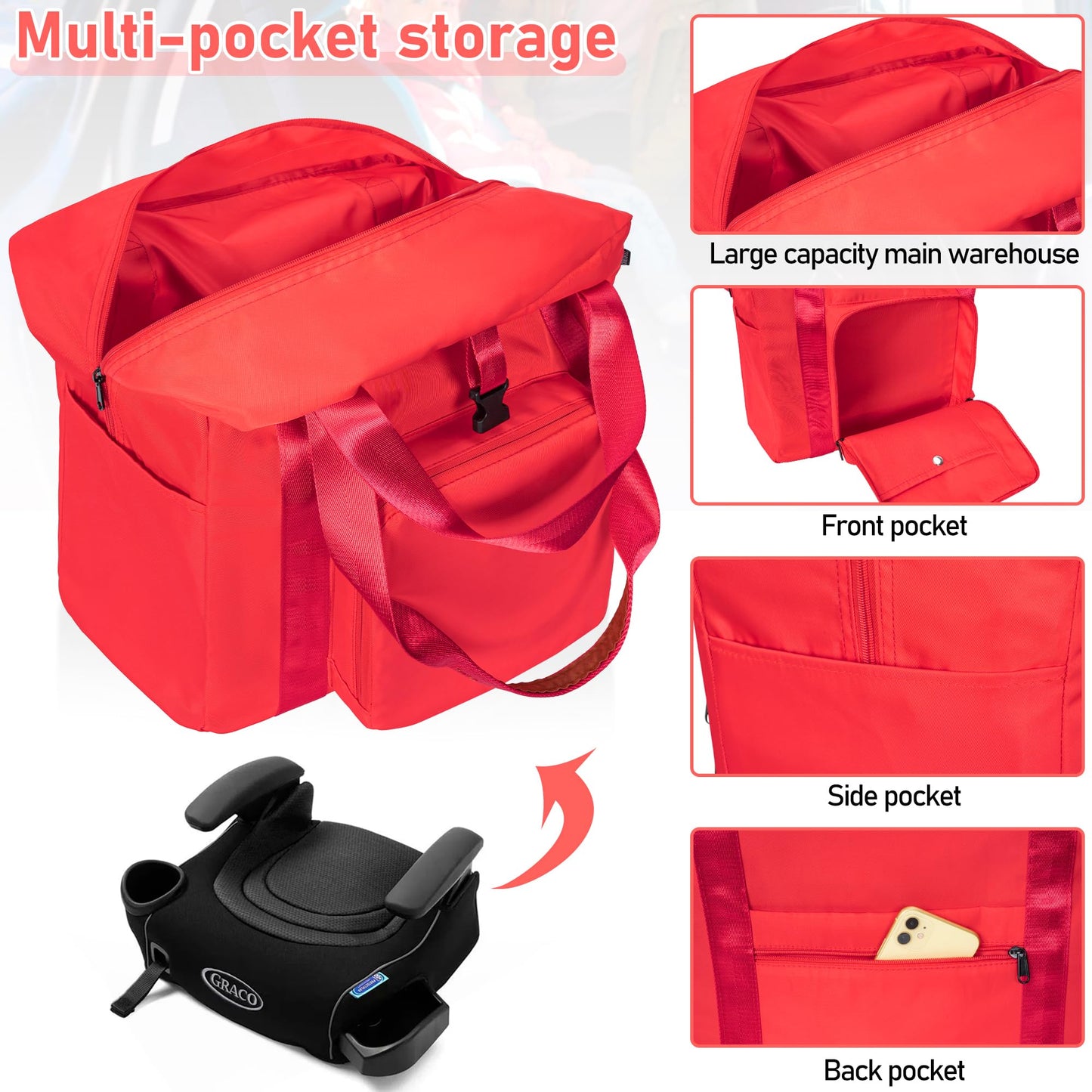 Toribio Backless Booster Car Seat Travel Bag, For Gb Pockit, Tote Bag Strollers Bags For Airplane Gate Check, Red