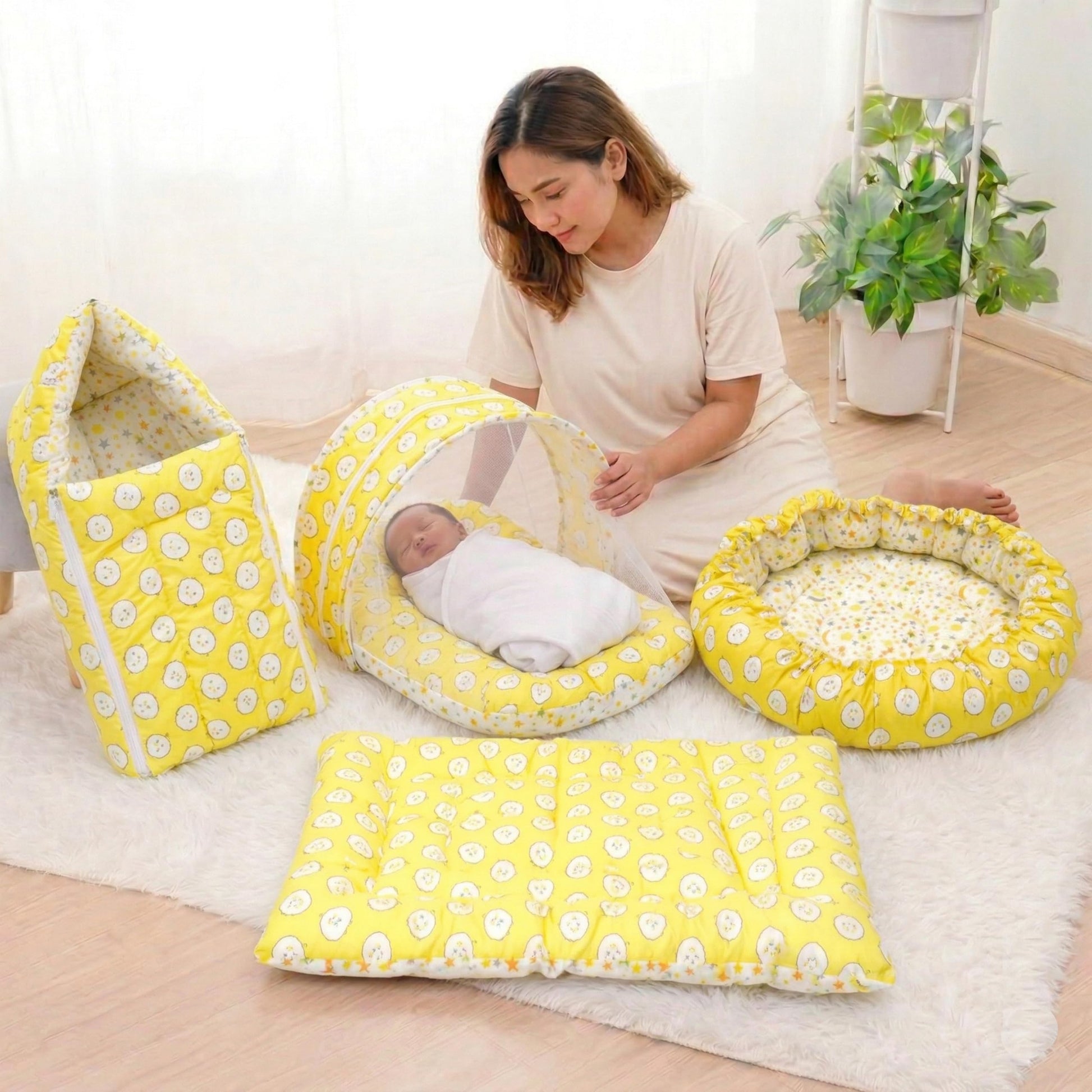 Infantbond Baby Essential Reversible Nest | Mattress With Net | Carry Bag | 4 Pcs Bedding Set (06 Months) (Sheep Yellow(Fullset