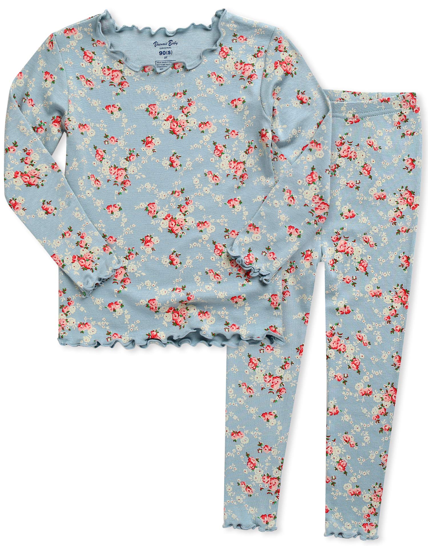 VAENAIT BABY Kids Girls Long Sleeve Modal Sleepwear Pajamas 2pcs Set Shirring Lacy Blue L