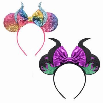 Wispark 2 Pack Halloween Headband For Girls Cute Maleficent Horn Mouse Ears Bow Headbands For Girls Hair Accessories For Women C