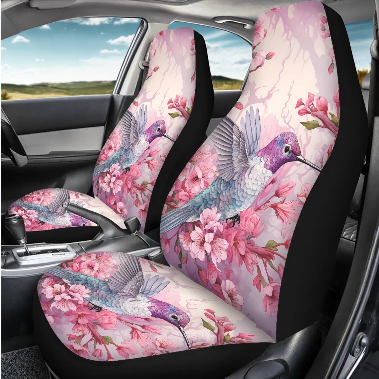 Whosucclay Hummingbird Floral Pink Car Front Seat Cover for Women Men, 2pcs Automotive Seat Cover Seat Protectors Cushion for SU
