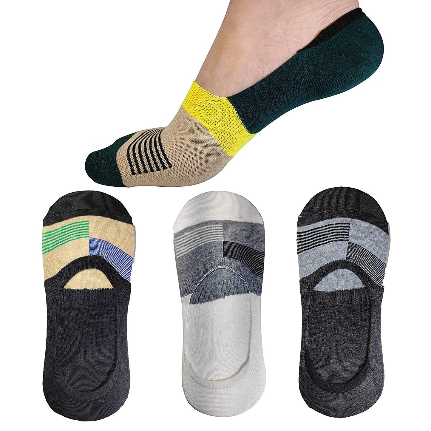 Plumbury MenS Cotton Spandex Low Cut Liner Loafer SocksPack Of 4, Black/White/Grey/Green