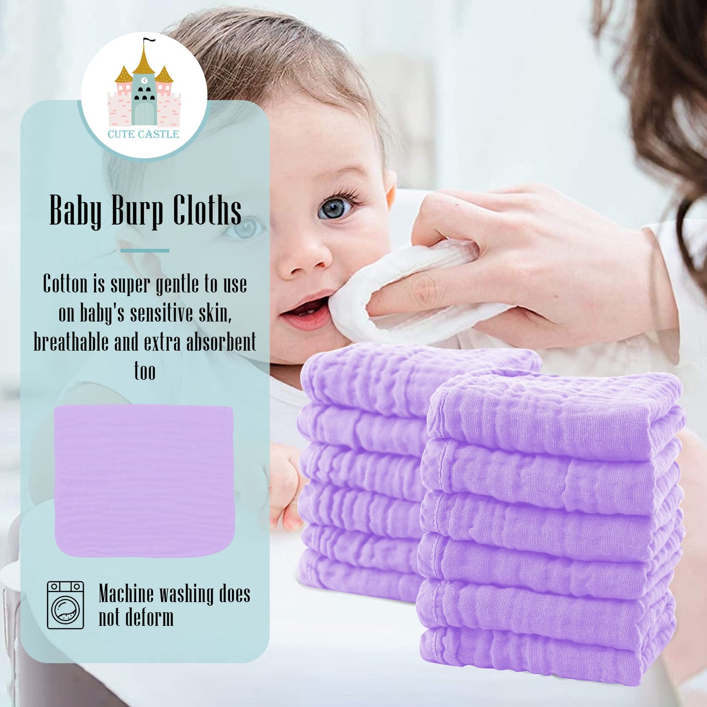 Cute Castle 12 Pack Muslin Burp Cloths For Baby - Ultra-Soft 100% Cotton Baby Washcloths - Large 20'' By 10'' Super Absorbent Mi
