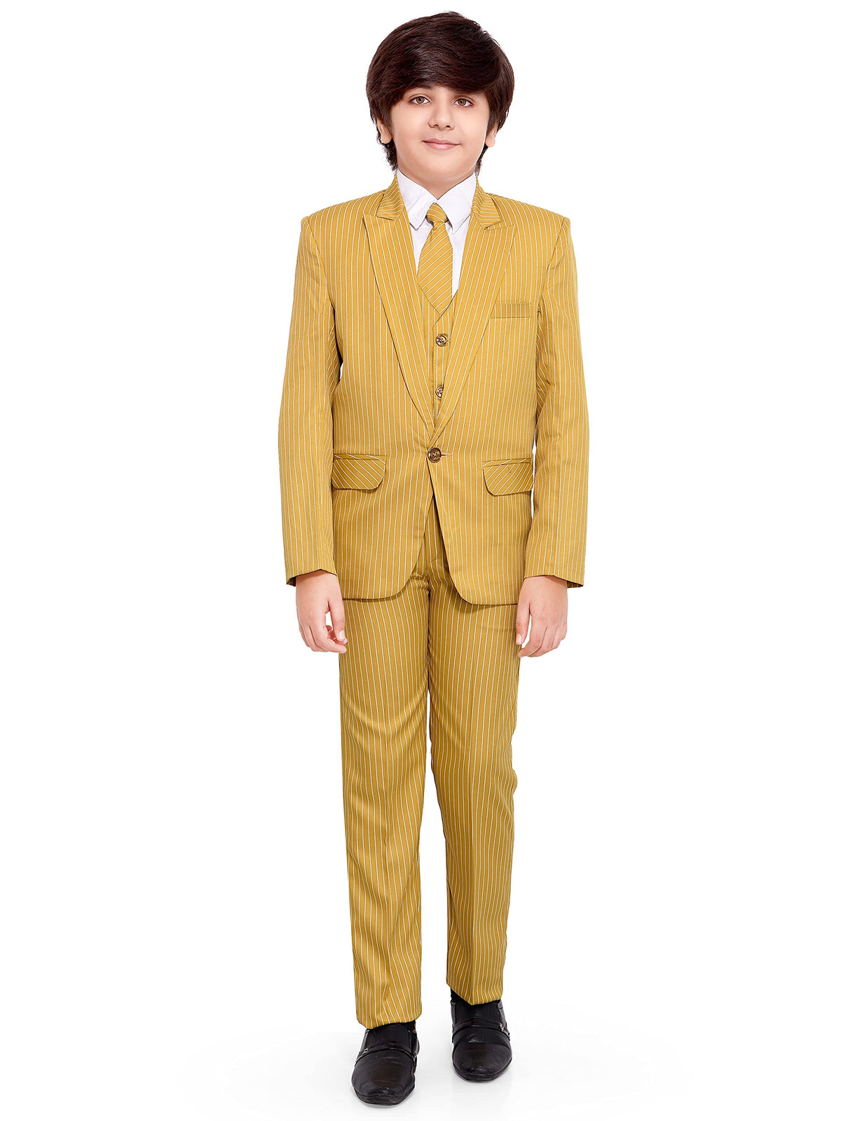 Jeetethnics Boys Yellow Striped Coat Suit Set With Waistcoat Shirt And Trousers (9077Q)