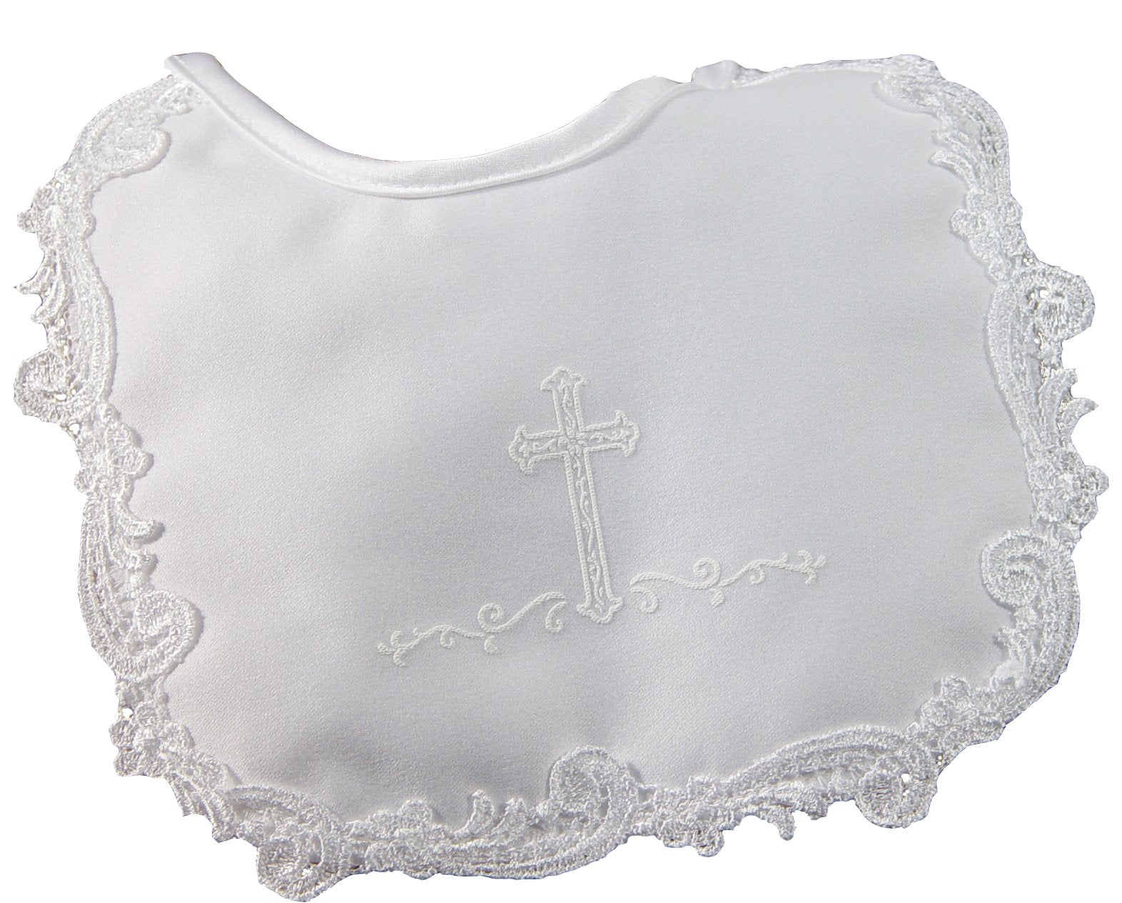 Girls Matte Satin Sreened Cross Bib With Venise Lace
