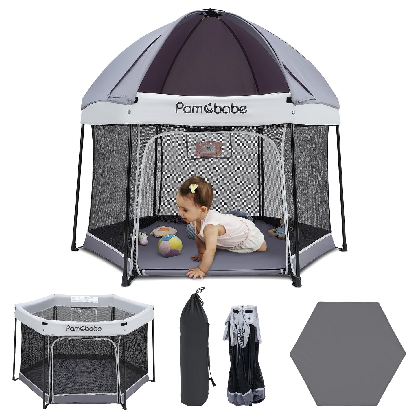 Pamo Babe Baby Playpen with Sun Protection Canopy - Indoor & Outdoor Play Yard for Babies and Toddlers - Baby Tent with Zipper D