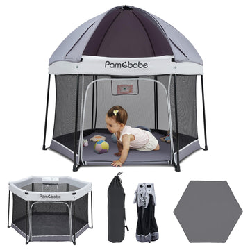 Pamo Babe Baby Playpen with Sun Protection Canopy - Indoor & Outdoor Play Yard for Babies and Toddlers - Baby Tent with Zipper D