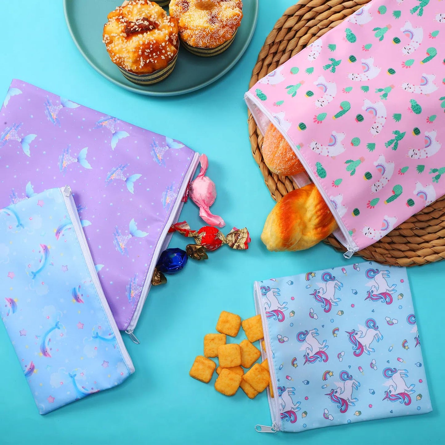 Paterr 4 Pcs Sandwich Bag Reusable Zipper Snack Bags Washable Food Safe Lunch Bags For Kids Students Adults Food (Unicorn)