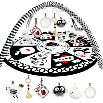 QUOKKA Padded Baby Gym Mat for Floor Tummy Time - Super Soft Black&White Play Gym Mat for Kids Toddlers & Infants - 6 Toys | Thi