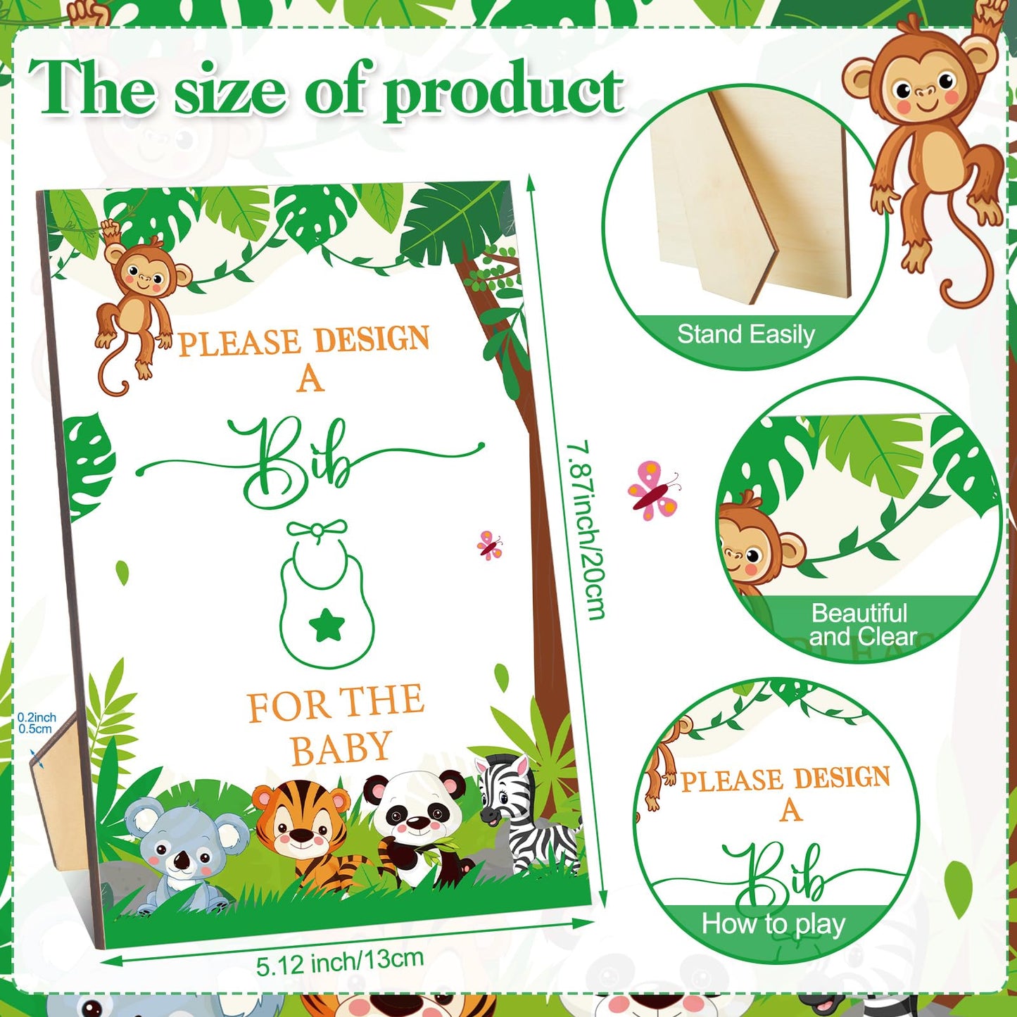 Panitay 100 Pcs Diy Baby Bibs Decorating Kit 50 White Bibs 25 Stencils 24 Fabric Markers 1 Baby Shower Game Sign(Forest Animal)