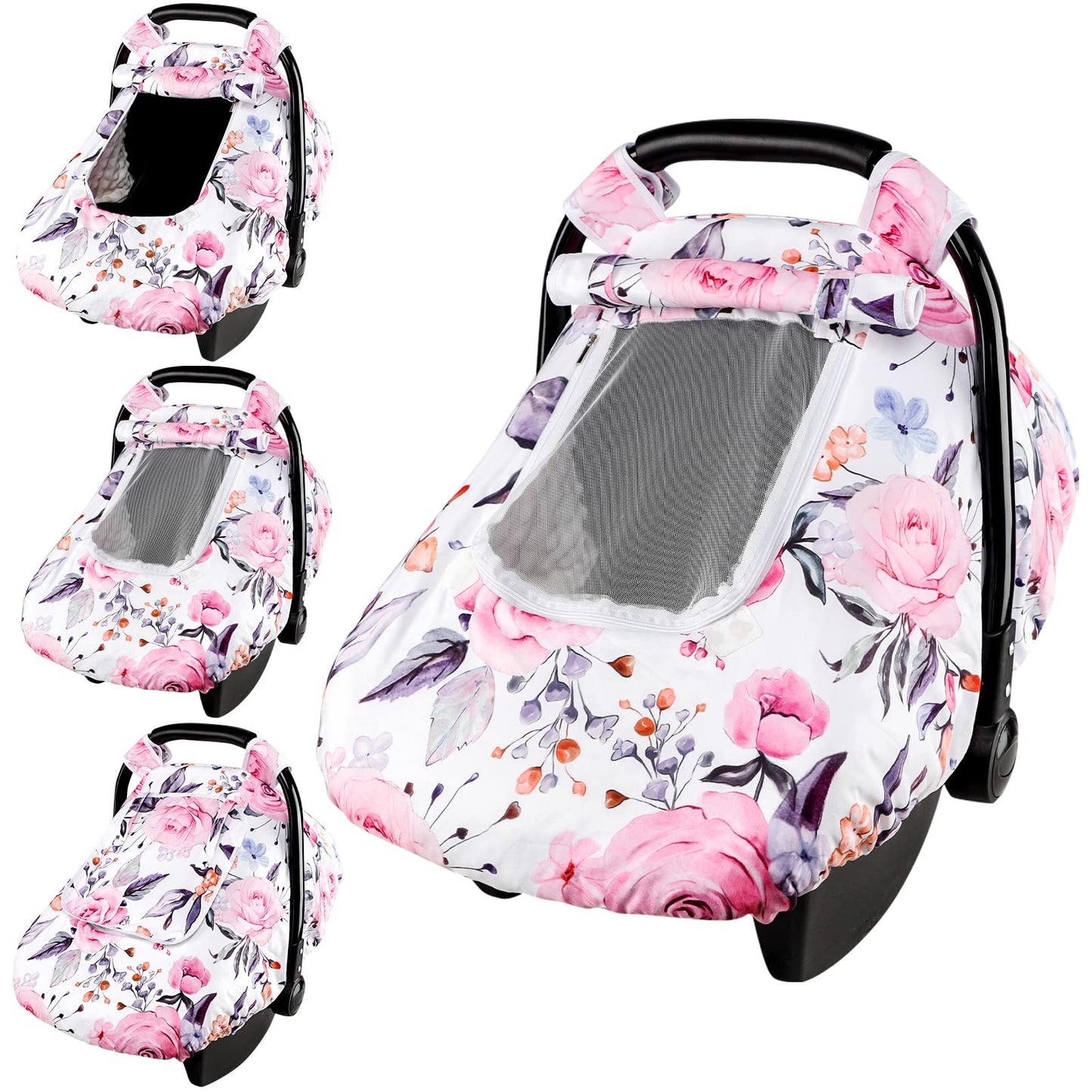 Floral Baby Carseat Cover Girls, Pea Pod Infant Car Seat Covers Canopy for Newborn with 2 Layers Windows of Breathable Mesh/Fabr