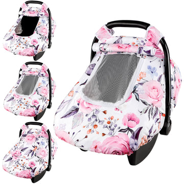 Floral Baby Carseat Cover Girls, Pea Pod Infant Car Seat Covers Canopy for Newborn with 2 Layers Windows of Breathable Mesh/Fabr