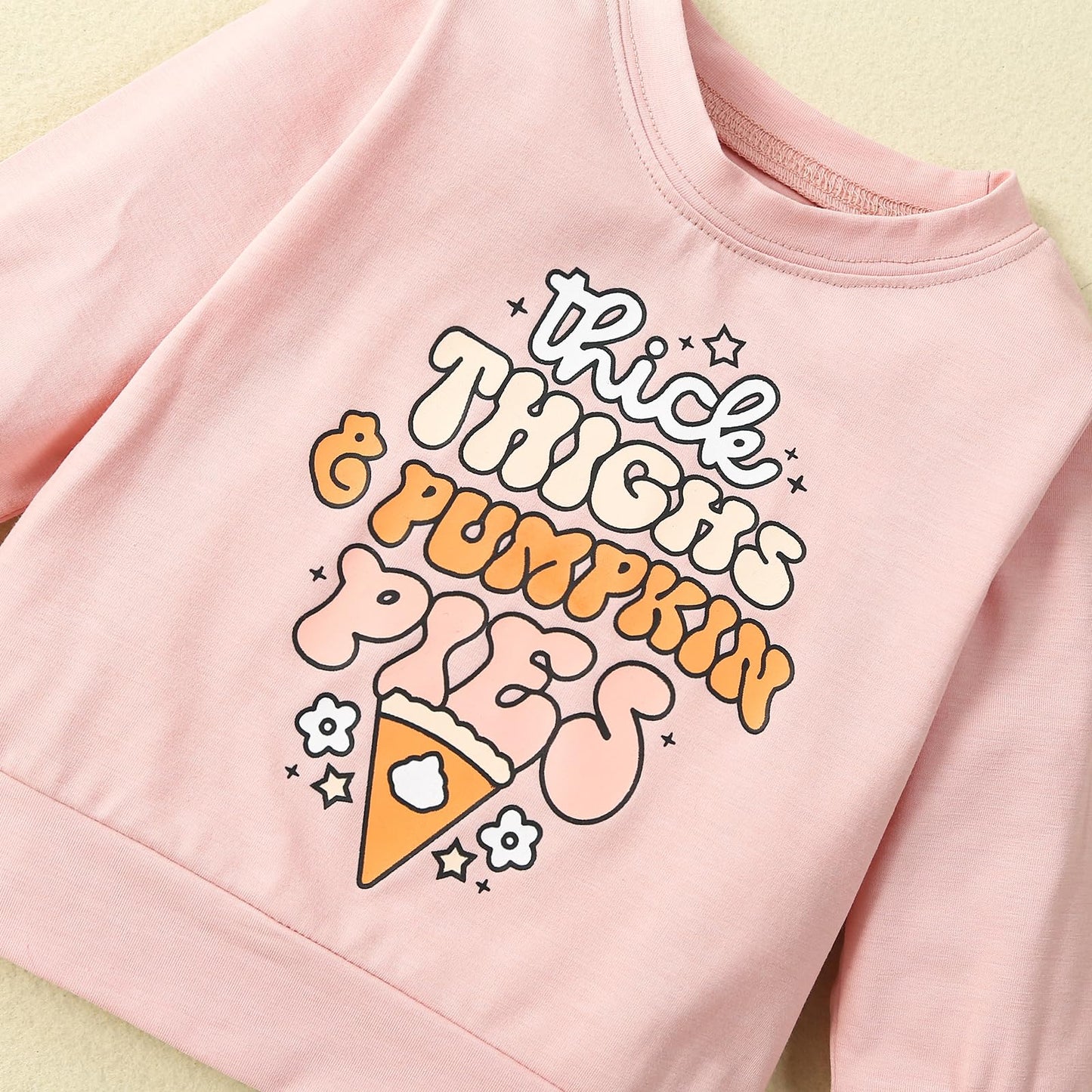 Wybzd Toddler Baby Girl Halloween Outfit Pumpkin Pie Sweatshirt Top Bell-Bottom Pants Sets Thanksgiving Clothes Pink Pumpkin Pie