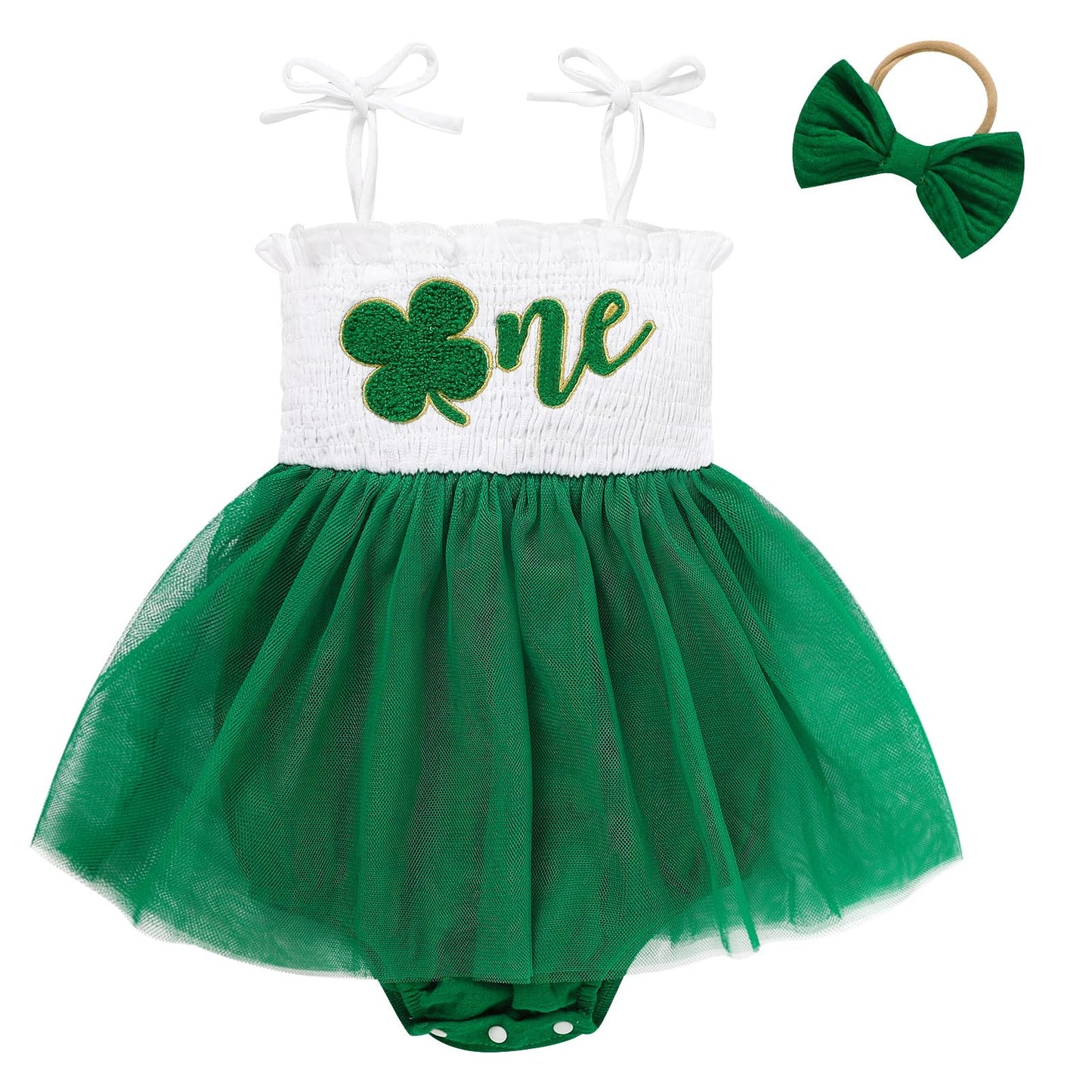 Titkkop Baby Girl 1St Birthday Clothes One Year Old Tulle Romper Sleeveless Bodysuit Cake Smash Outfits(Green-White,9-12M)