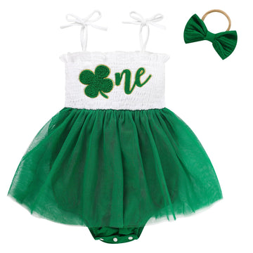 Titkkop Baby Girl 1St Birthday Clothes One Year Old Tulle Romper Sleeveless Bodysuit Cake Smash Outfits(Green-White,9-12M)