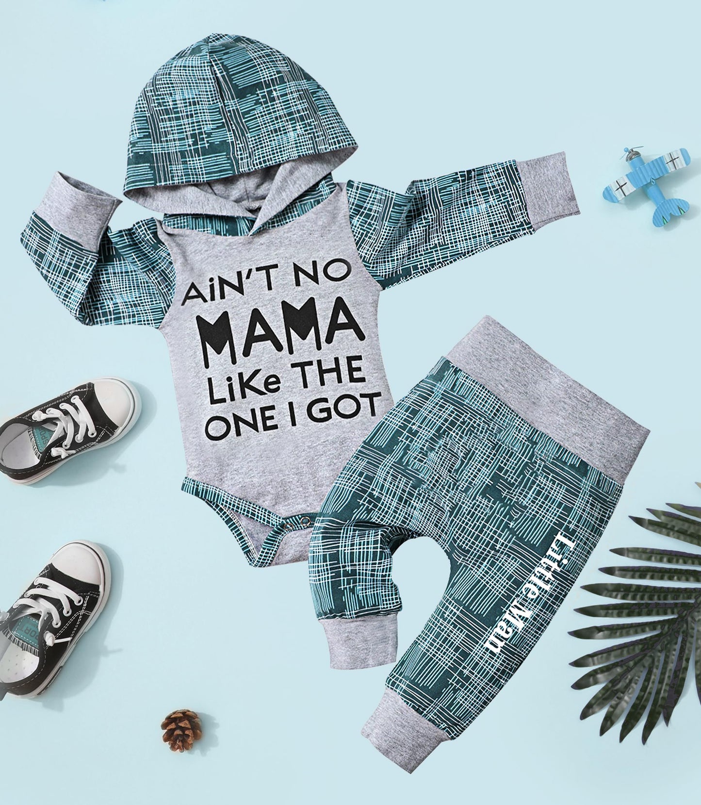 Fommy Baby Boy Clothes 3-6 Months Aint No Mama Like The One I Got Boy Clothes+Little Man Stripe Long Pants 2Pcs Infant Boy Outfi