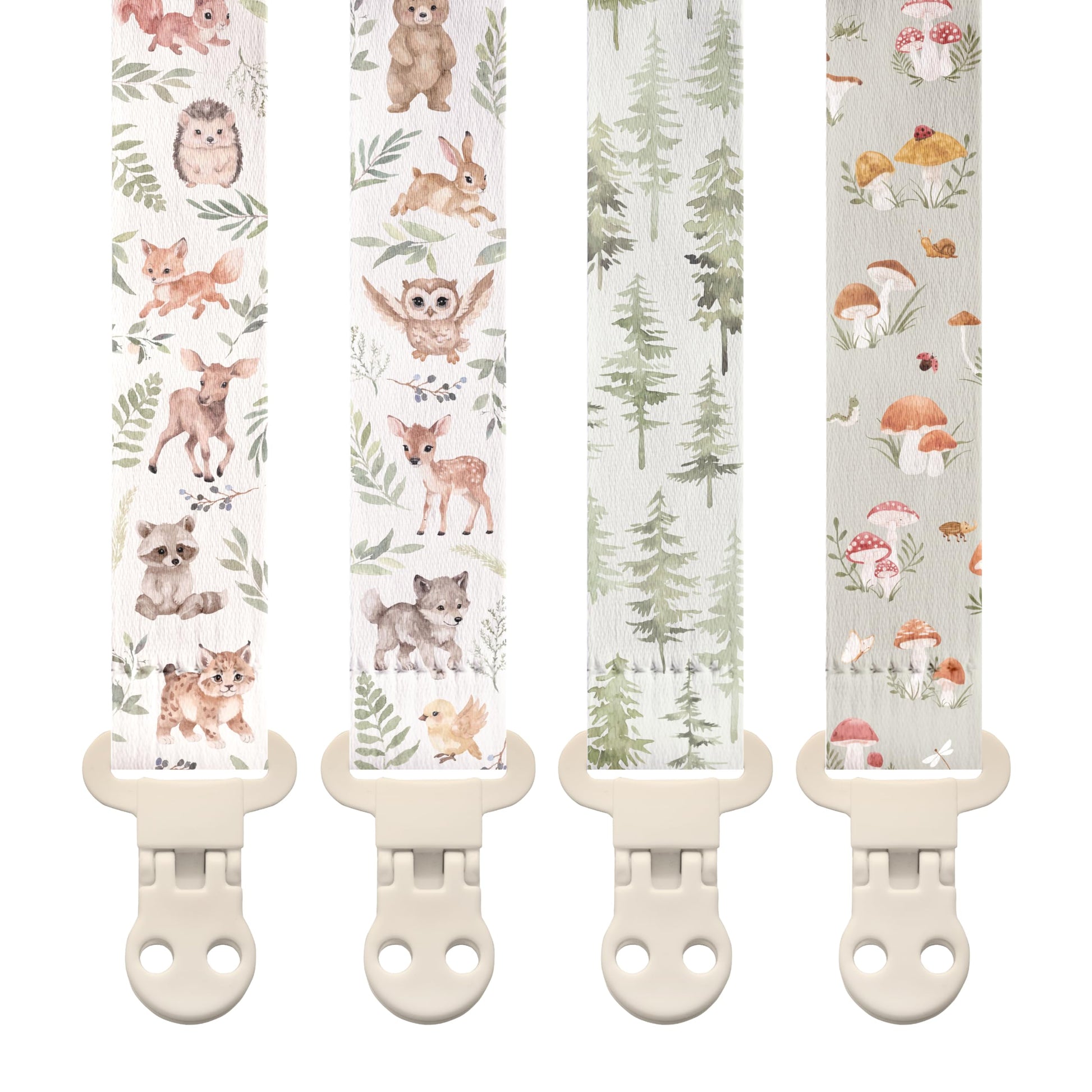 Stadela Baby Fabric Pacifier Clip Holder, Plastic Clip, 4-Pack, Woodland Pattern, Cedar Set