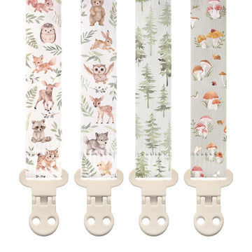 Stadela Baby Fabric Pacifier Clip Holder, Plastic Clip, 4-Pack, Woodland Pattern, Cedar Set