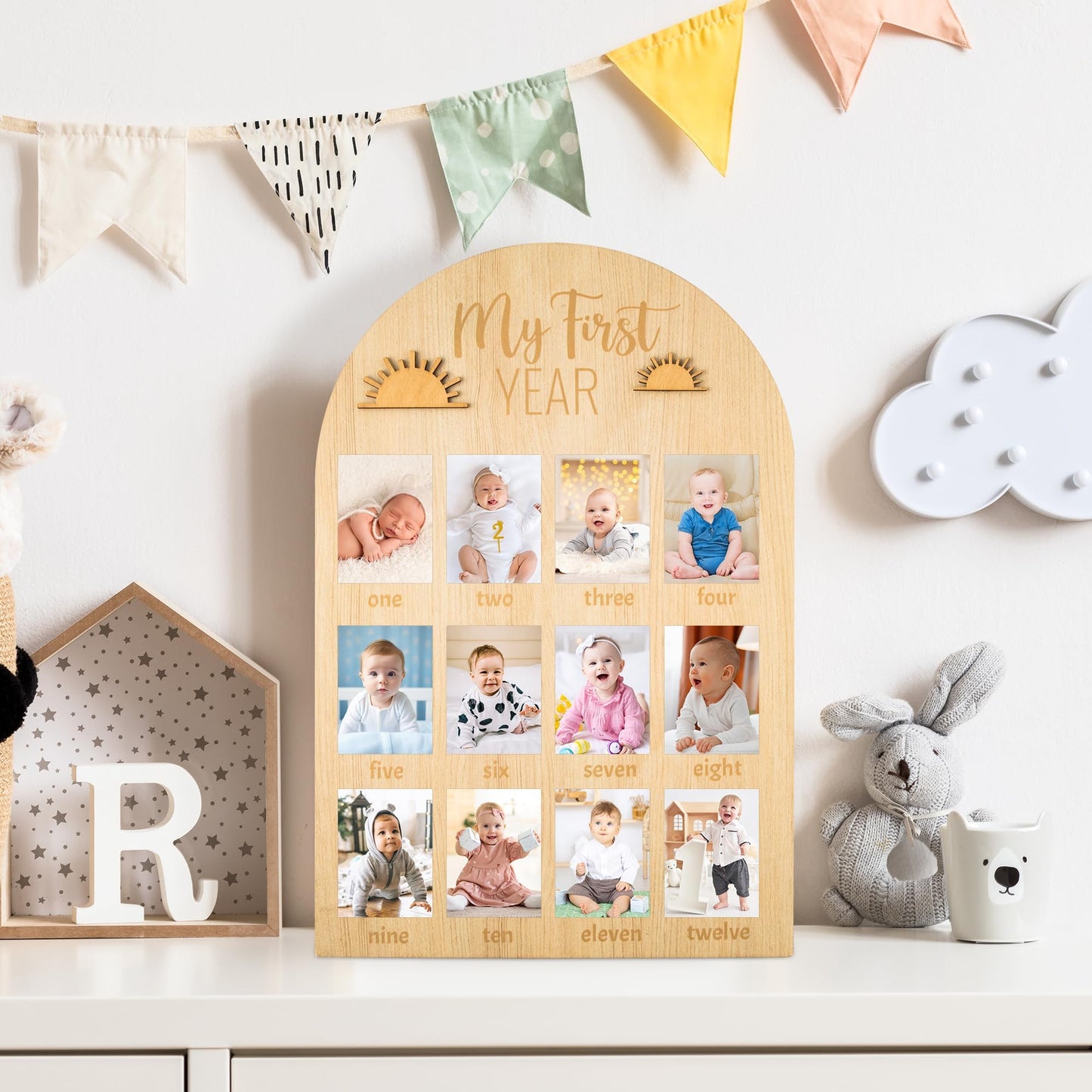 R Horse My First Year Photo Display Wood Board, 3D Boho Sun Baby'S First Year Picture Frame 12 Months Milestone Board Neutral Ba
