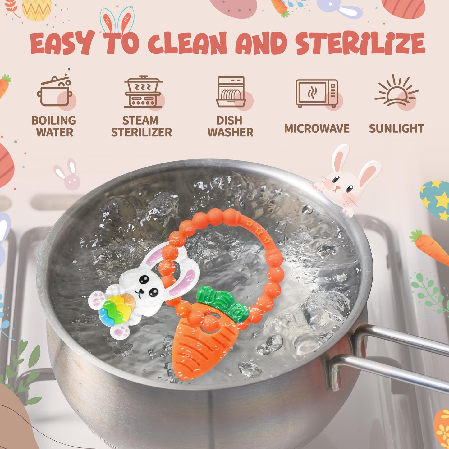 Easter Silicone Teething Toys, 3 Months+, Bunny & Carrot, Infant Baby Easter Basket Stuffers For Babies, Baby Teether Toy, Carro