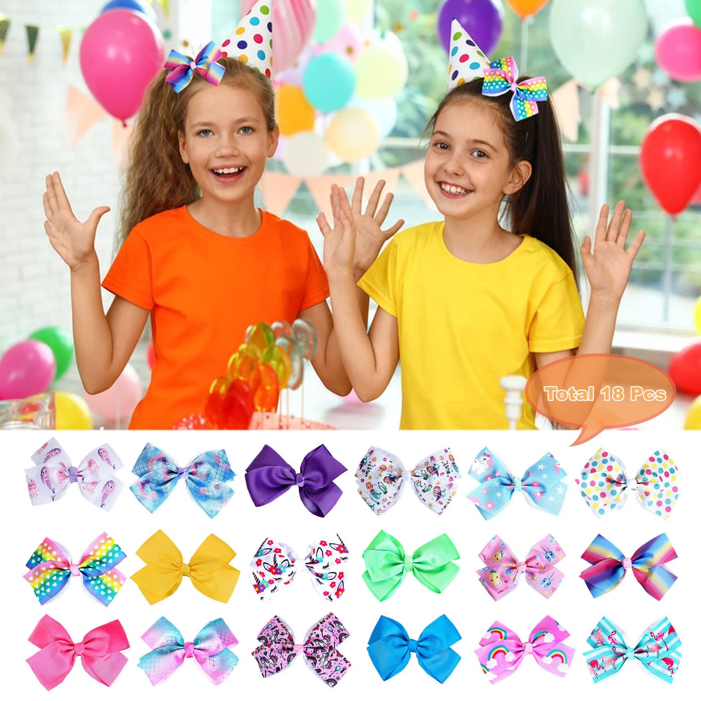 18 Pcs 5 Inch Hair Bows For Girls,Colorful Rainbow Heart Girls Hair Bows Grosgrain Ribbon Hair Bow With Alligator Clips For Todd