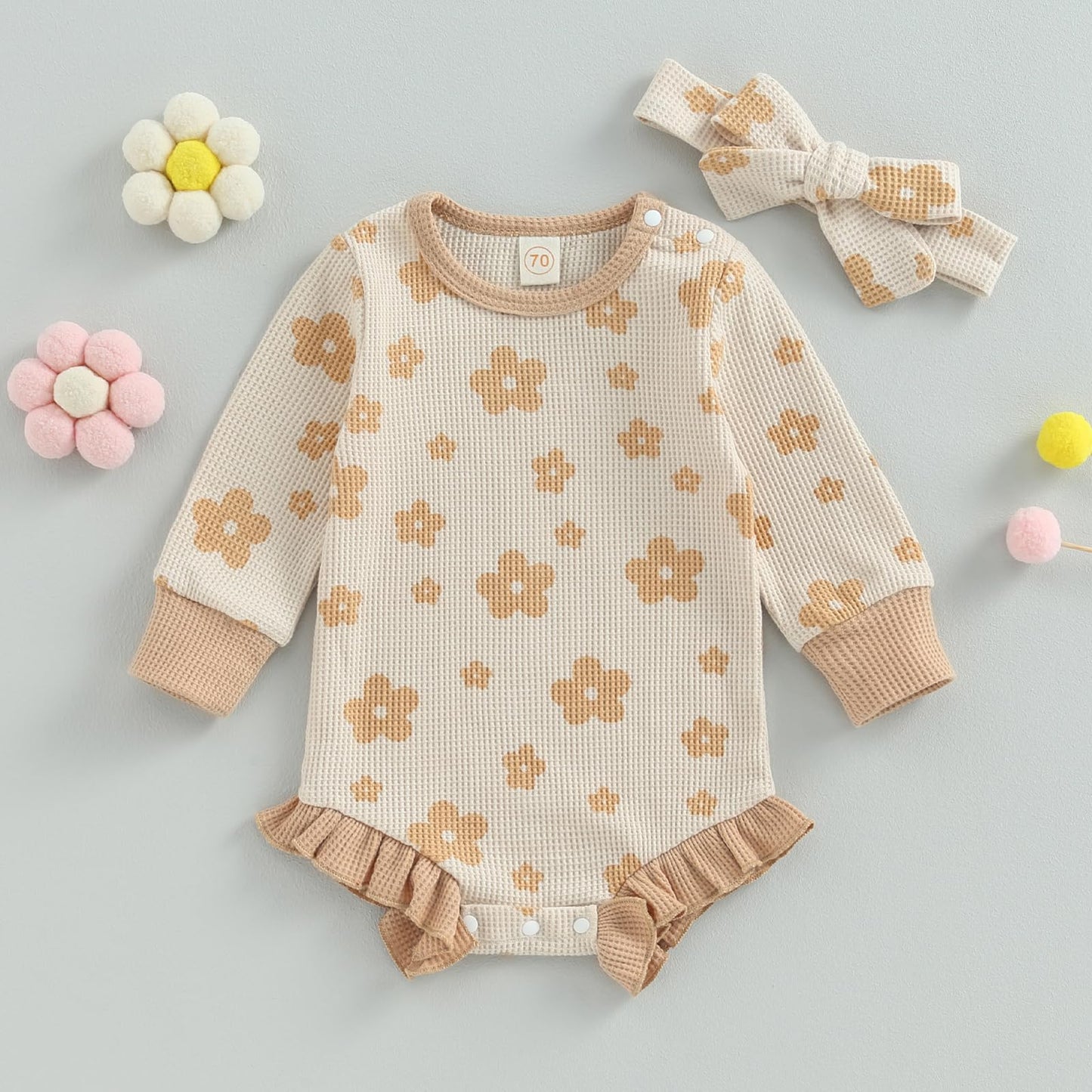 Mersariphy Infant Baby Girl Romper Baby Sweatshirt Romper Long Sleeve Waffle Floral Bodysuit With Headband Fall Winter Outfits (