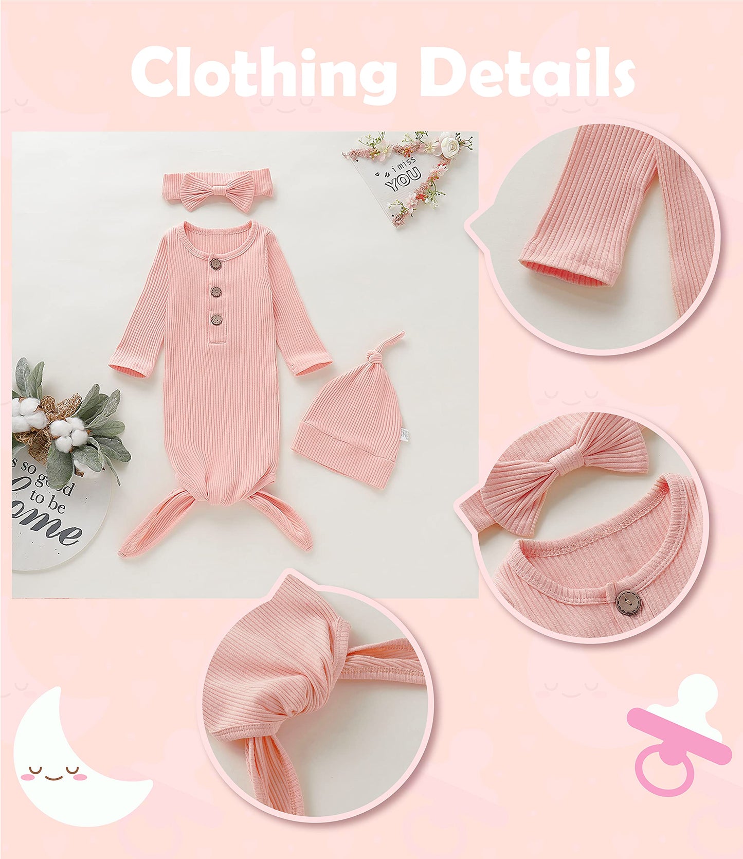 Morygooder Newborn Cotton Nightgowns Neutral Baby Knotted Sleeper Baby Coming Home Outfit (Pink,0-6 Months)