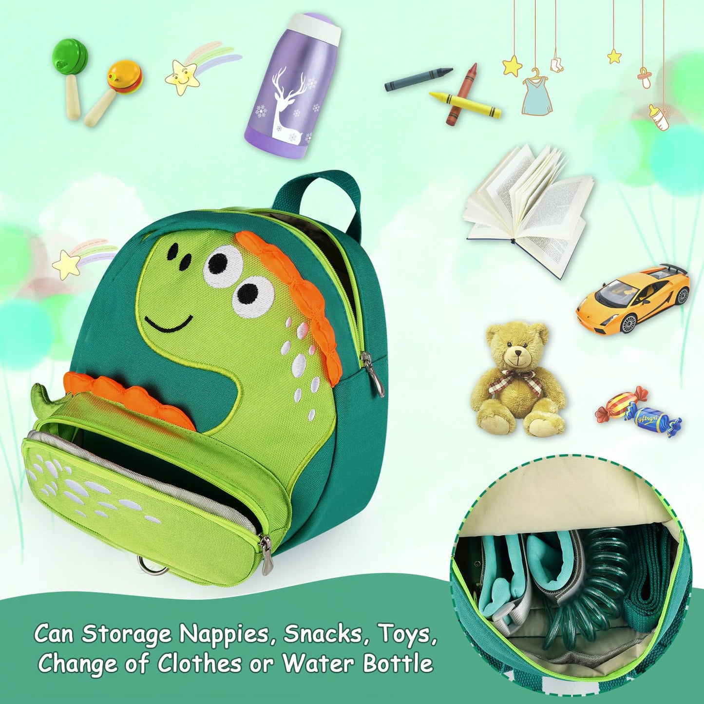 Accmor Toddler Harness Backpack Leash, Cute Dinosaur Backpacks With Anti Lost Wrist Link, Cute Mini Child Backpack Wristband Tet