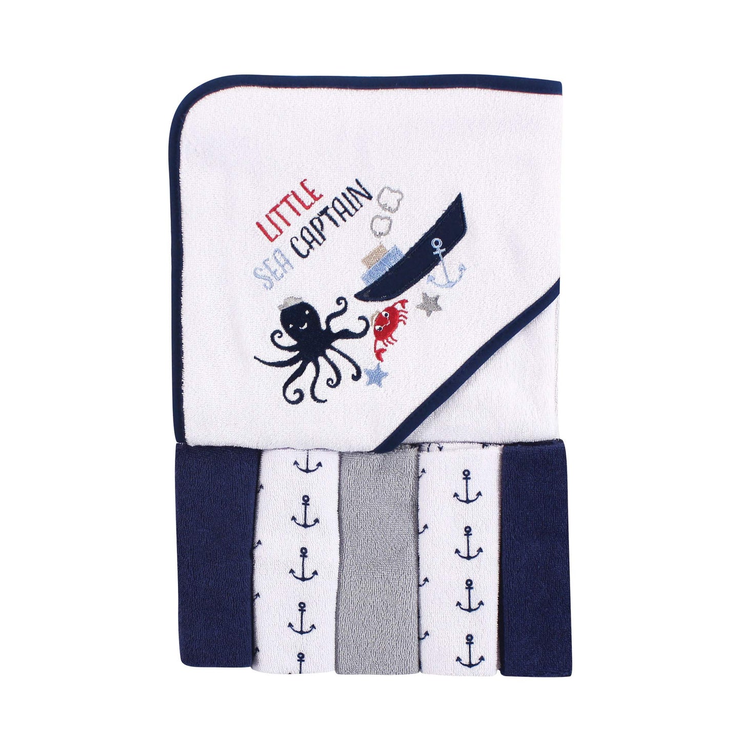 Luvable Friends Unisex Baby Hooded Towel With Five Washcloths, Sea Captain, One Size