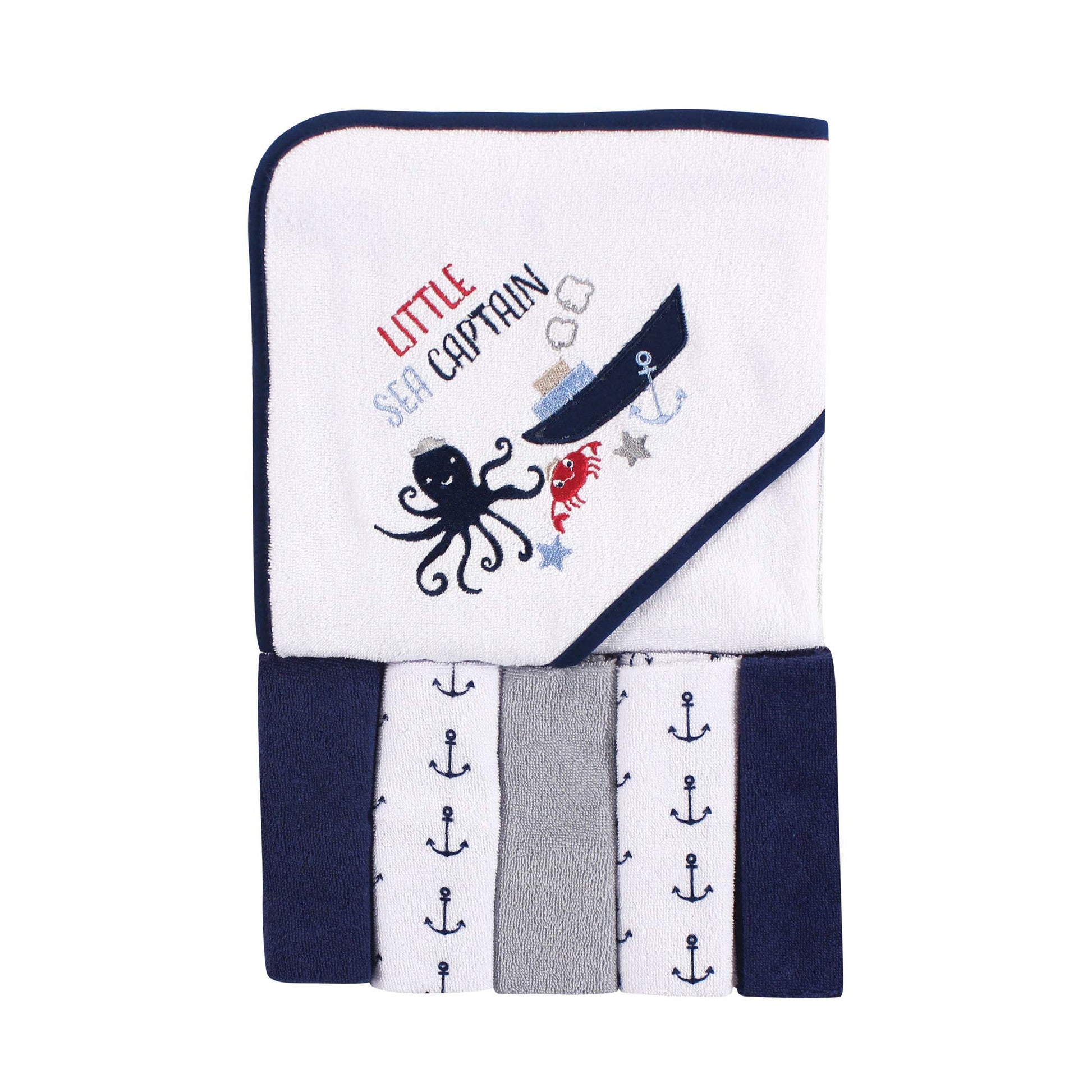 Luvable Friends Unisex Baby Hooded Towel With Five Washcloths, Sea Captain, One Size
