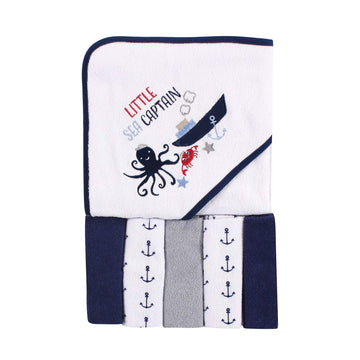 Luvable Friends Unisex Baby Hooded Towel With Five Washcloths, Sea Captain, One Size