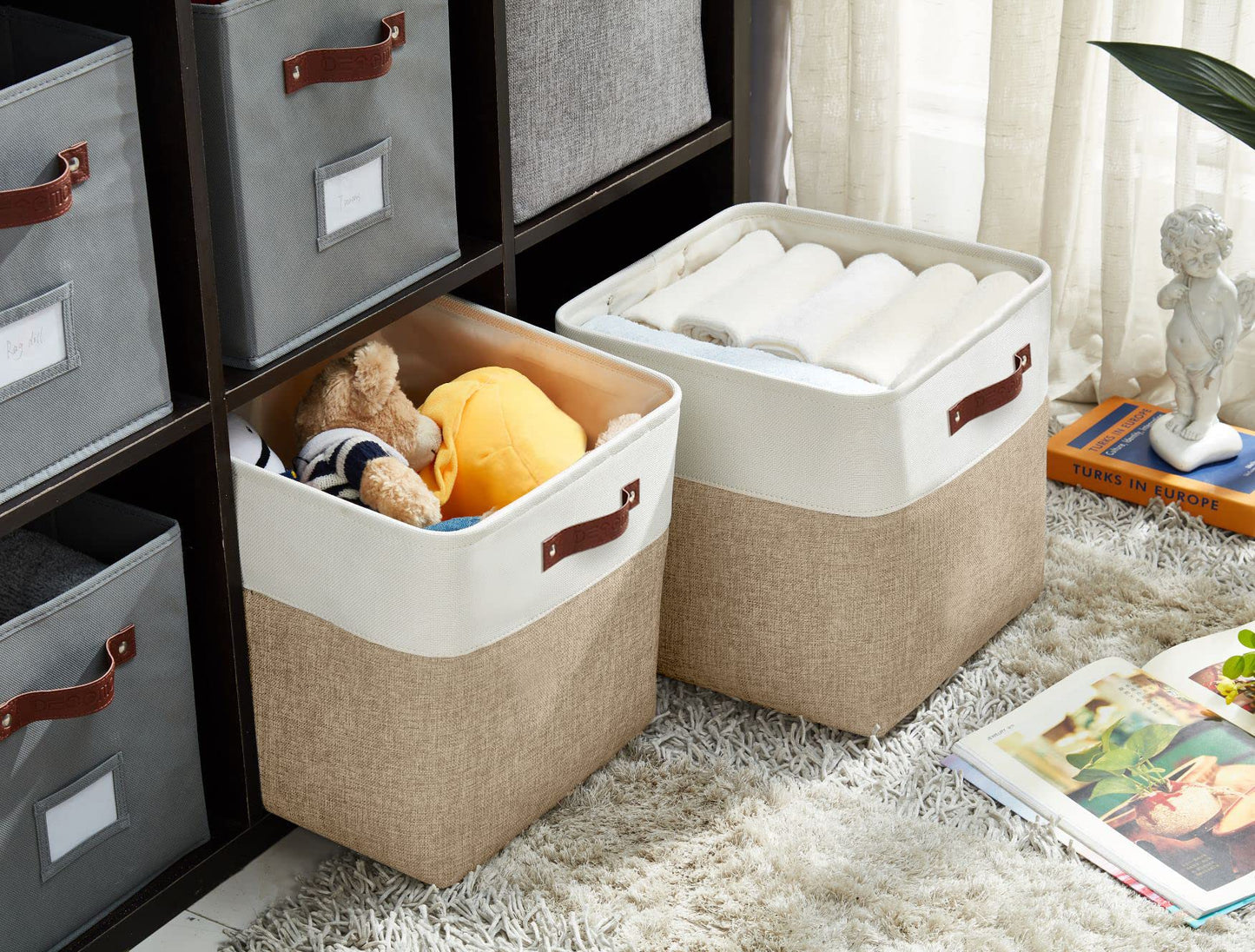 DECOMOMO 13 Inch Cube Storage Bins, Fabric Storage Cube, Basket for Kallax Shelves (Beige & White, Cube 13 - 4 Pack)