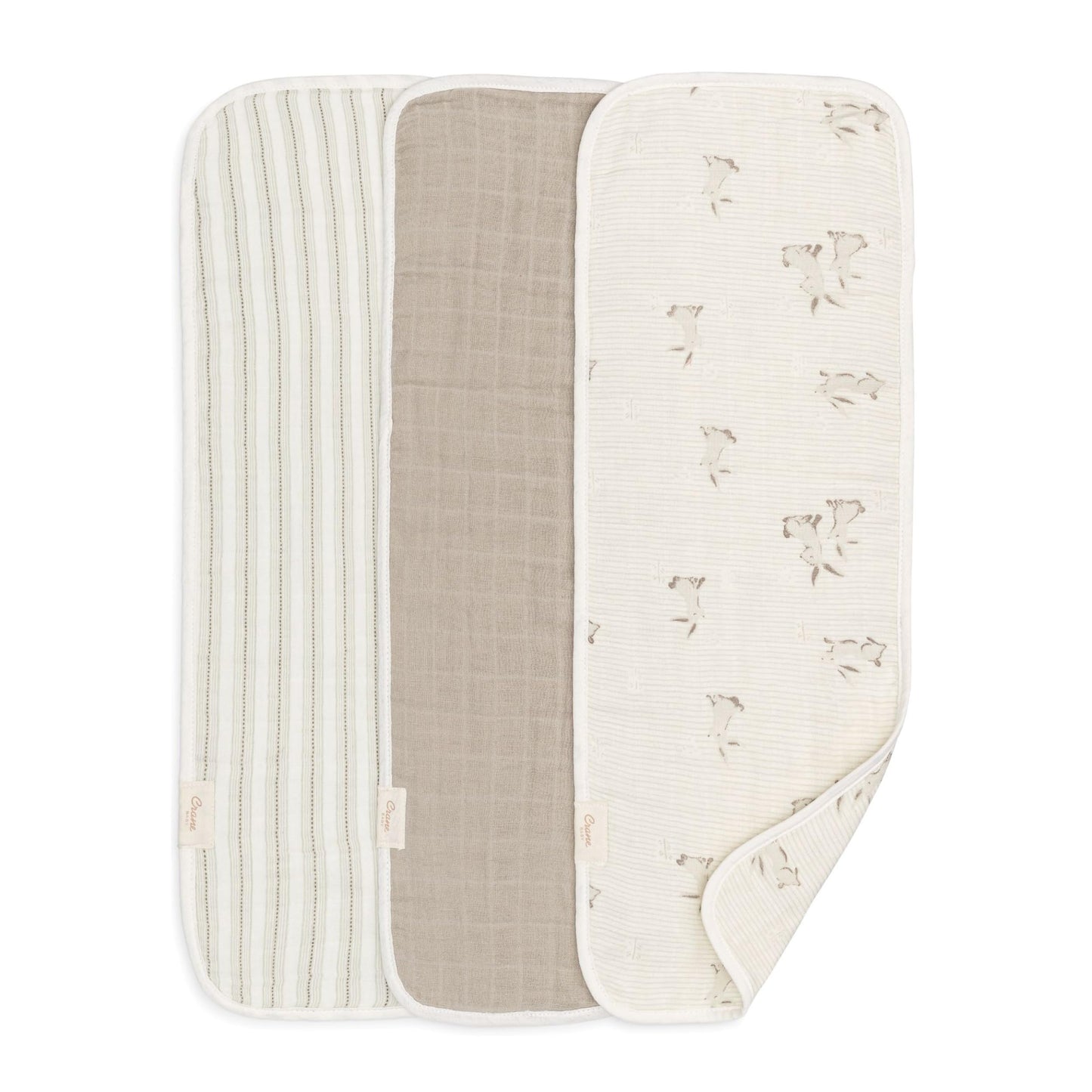 Crane Baby 100% Organic Cotton 3-pc. Burp Cloth Set - GOTS Certified Cotton, Absorbent & Lightweight with Bunny & Stripe Designs