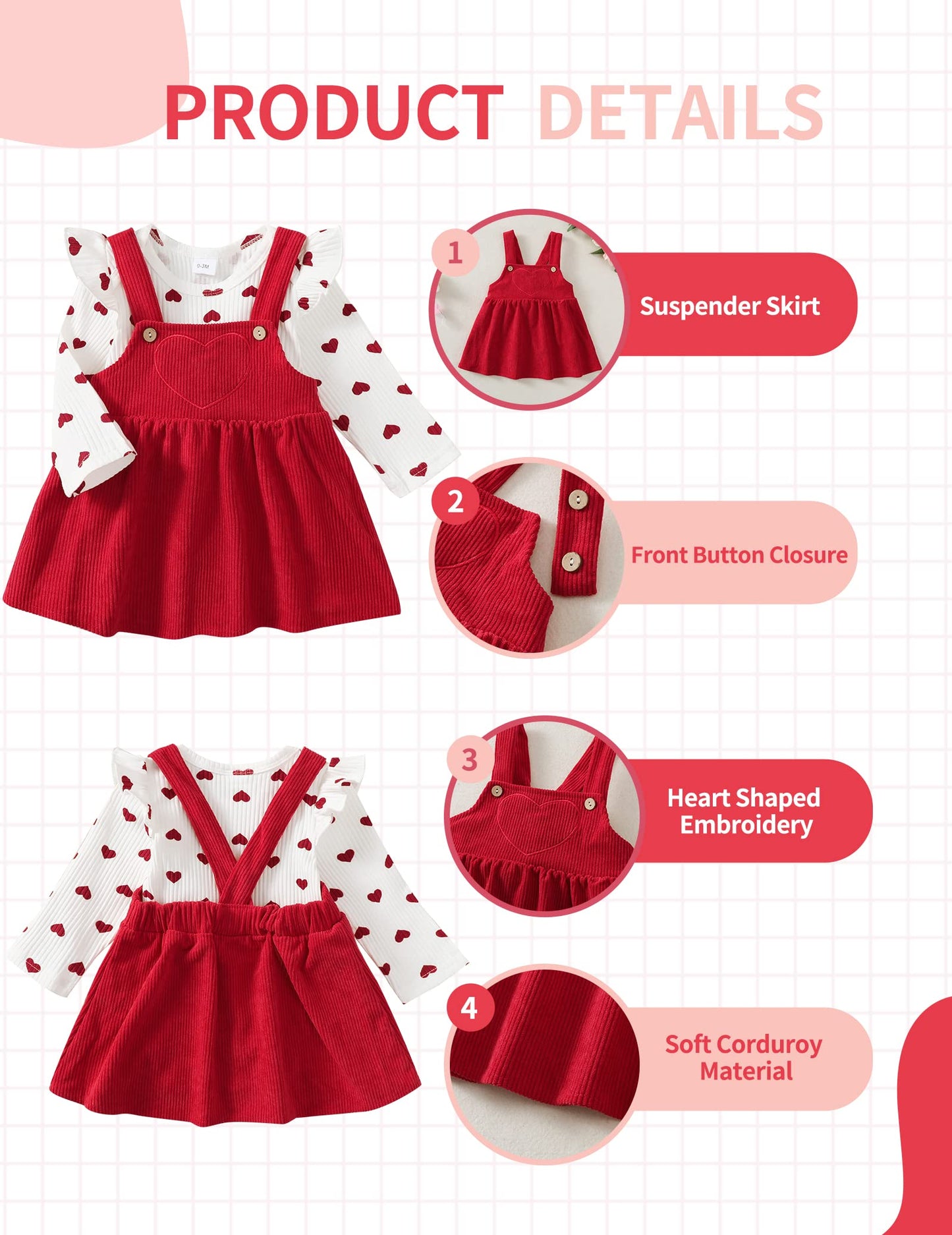 Kucnuzki Baby Girl Clothes 3-6 Months Baby Girl Valentines Day Long Sleeve Ruffle Romper Shirt Red Suspender Overall Dress Fall