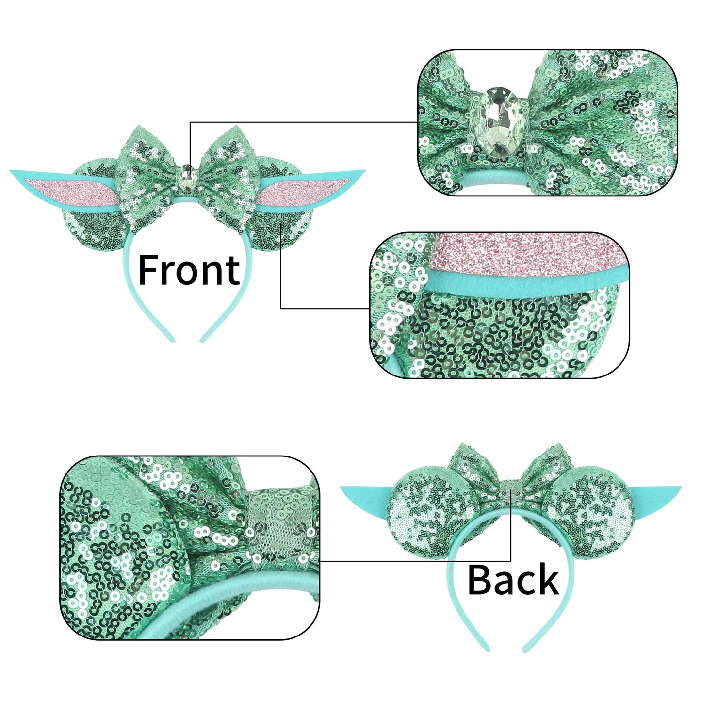 Bianbaistar Yodaears Headband Mouse Ears Headband For Women Velvet Hair Bow Headwear For Girls&Boys - Sparkle Sequins Mouse Hair