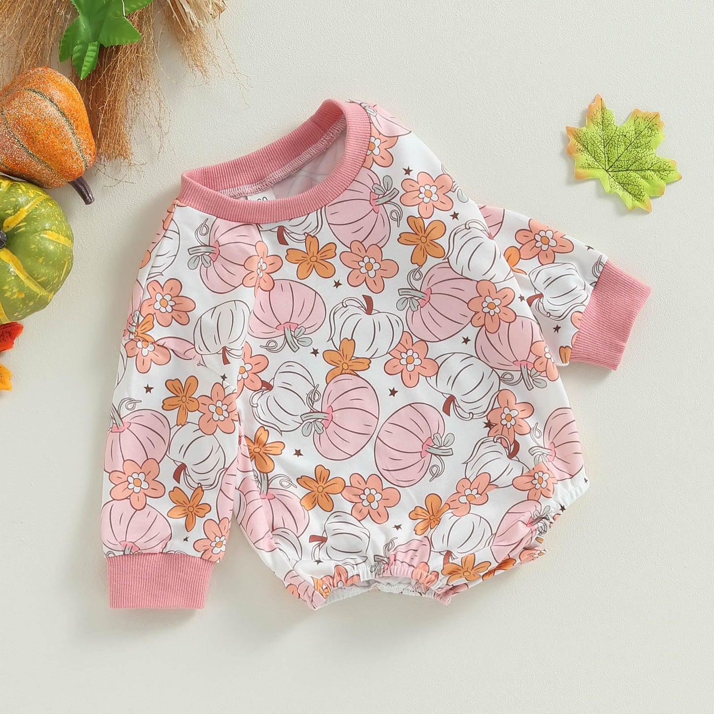 Halloween Newborn Baby Girl Outfit Pumpkin Sweatshirt Romper Long Sleeve Romper Jumpsuit Infant Fall Winter Clothes (Flower, 0-3