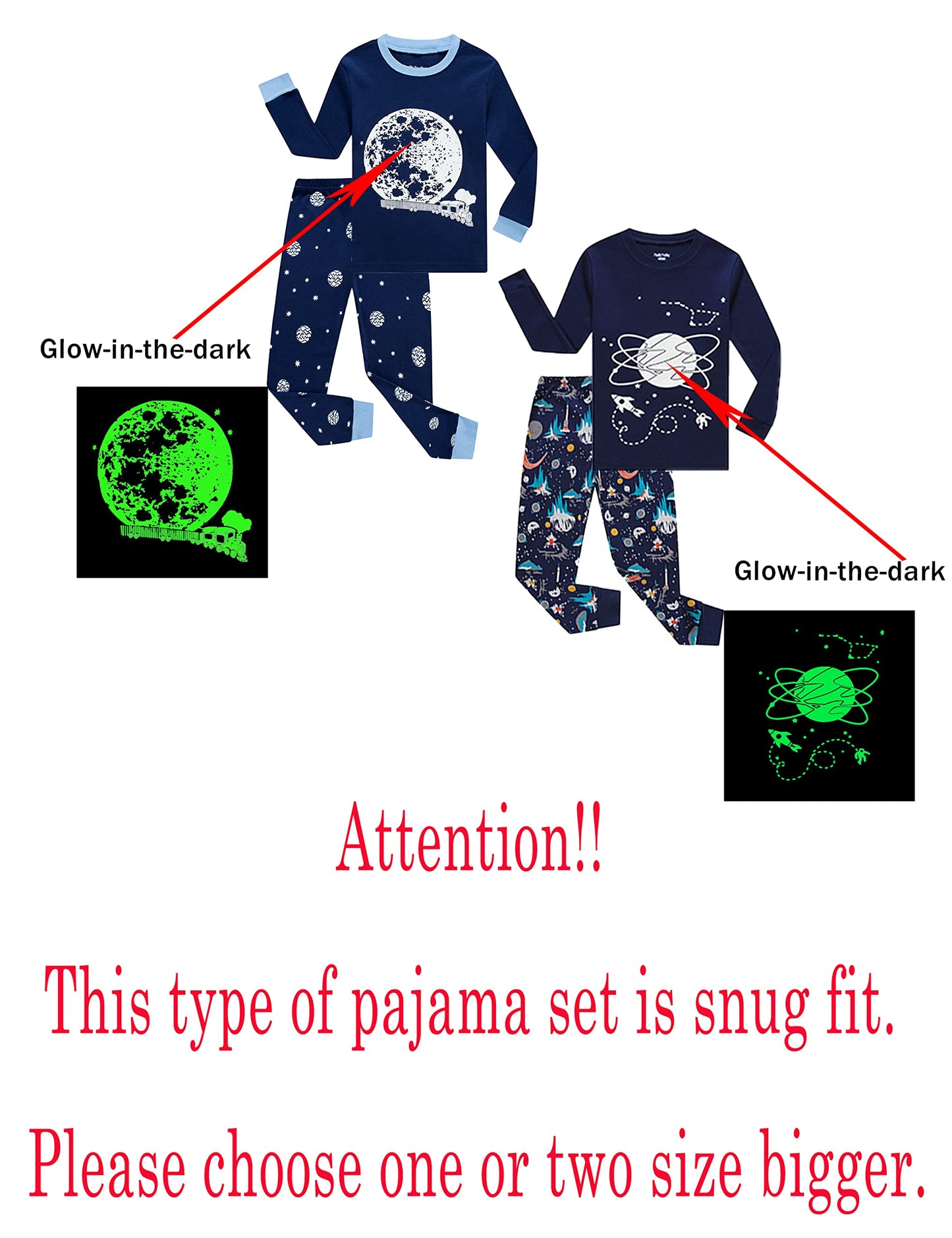 Family Feeling 4 Piece Glow In The Dark Baby Boys Space Pajamas Long Sleeve 100% Cotton Toddler Kid Pjs 18-24 Months