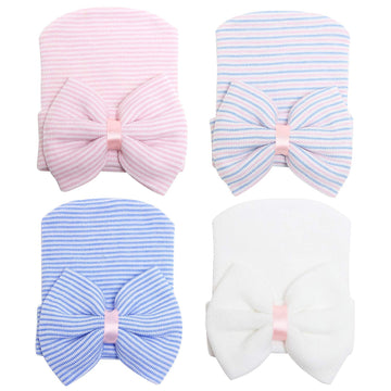 Zando Newborn Hospital Hat Toddler Beanie Baby Boy Girl Knot Headbands With Big Bows Infant Baby Nursery Caps White & Blue & Pin