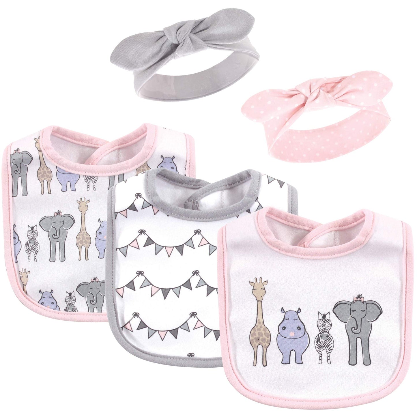 Hudson Baby Unisex Baby Cotton Bib And Headband Or Caps Set, Pink Safari, One Size